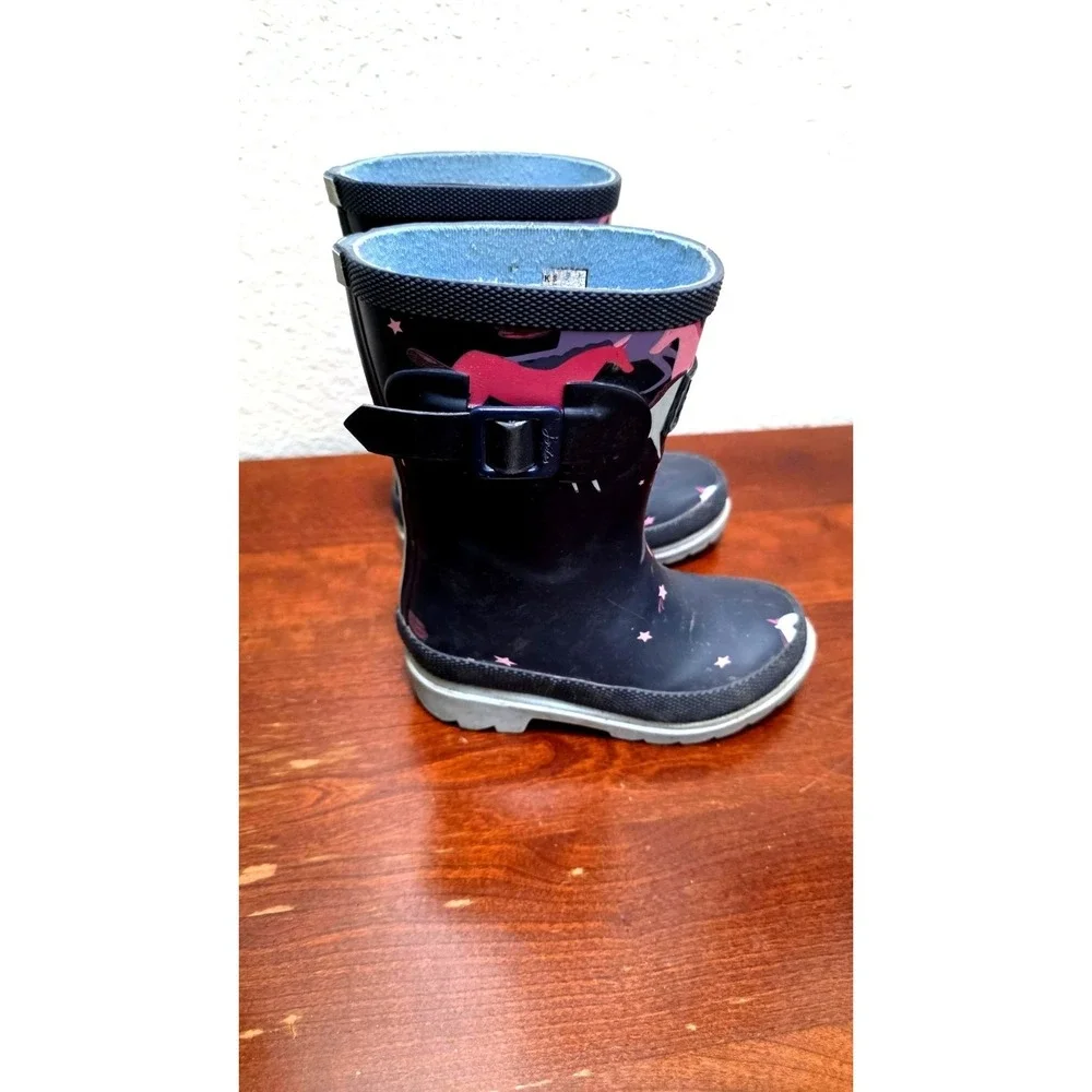 Joules Kids Navy Rain Boots With Pink Unicorn Print & Buckle‎ Detail Size 9